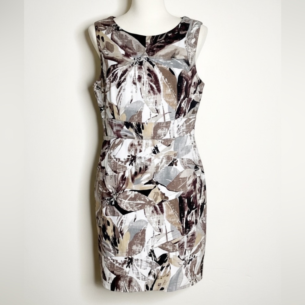Connected Apparel Dress Sleeveless Sheath Floral Print White Gray Tan Black 12